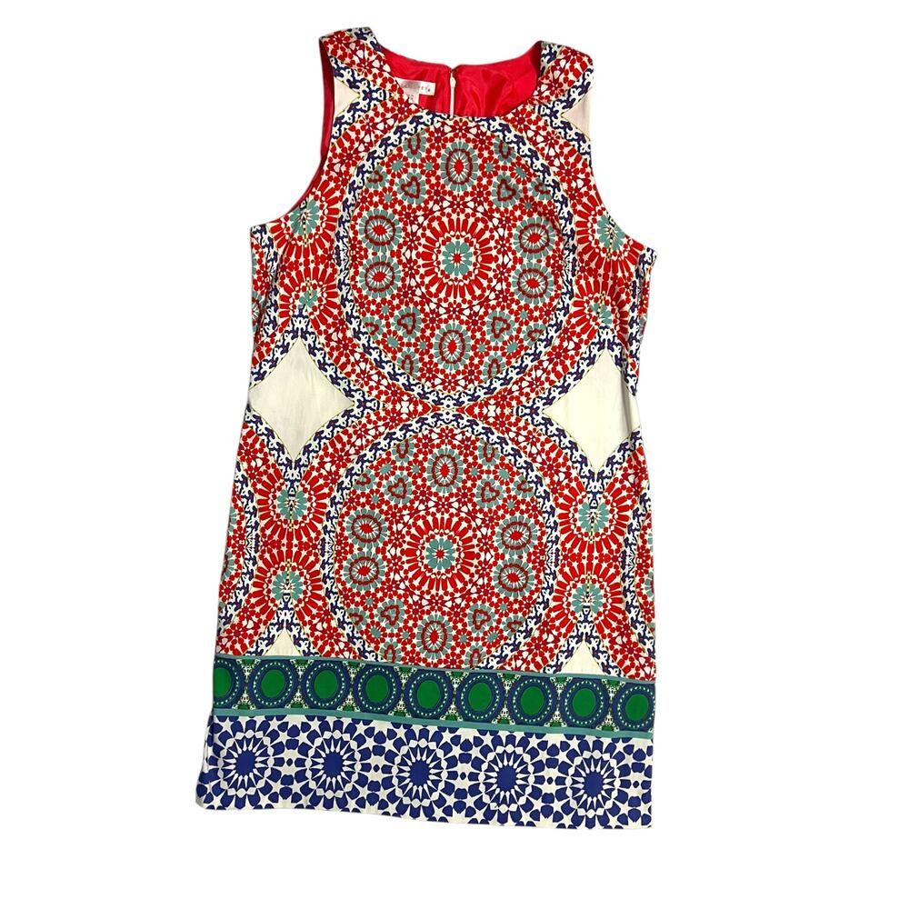 London Times Sleeveless Shift Dress Size 14 Kaleidoscope Design Print Red Blue